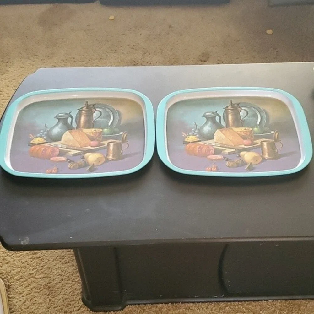 1970s Vintage Metal Trays – Still Life Fruit & Bread – Set of 2